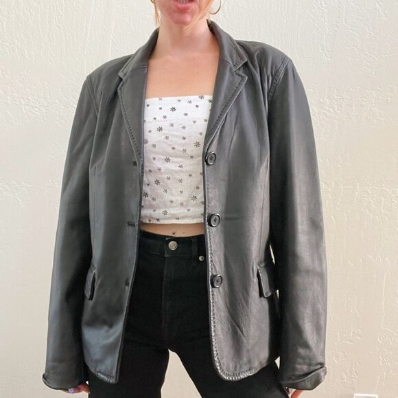 Vintage 1990's Black 100% Leather Button Up Blazer Style Jacket - Picture 3 of 6